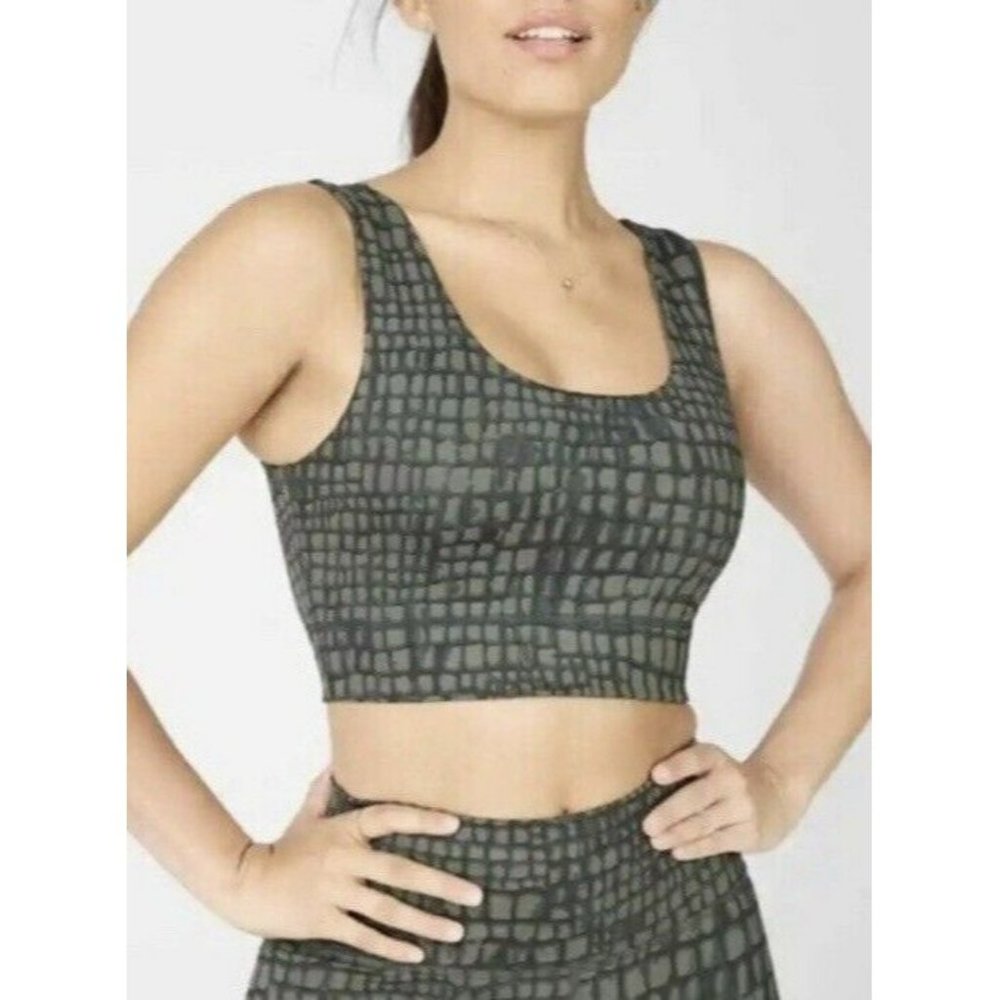 Fabletics XL 12-14 Harlow Reversible Midi Sports Bra Green Crocodile Stretch New